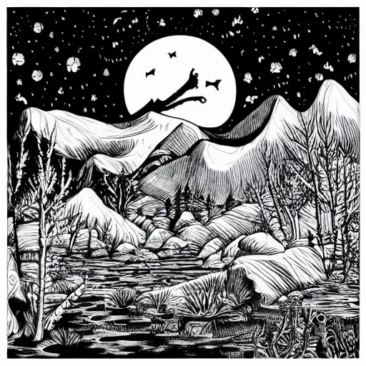 Prompt: impressive fantasy landscape, beautiful line art, square sticker, ink illustration, pure b & w, engraving illustration, sticker art