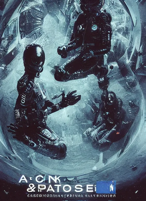 Prompt: two astronauts in dark and void underwater - hyperdetailed suit. reflection and dispersion materials. rays and dispersion of light. volumetric light. 5 0 mm, f / 3 2. noise film photo. flash photography. ultra realistic, wide angle. poster by wayne barlowe, hajime sorayama aaron horkey, craig mullins. dark key.