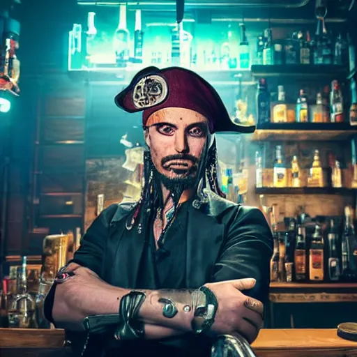 Image similar to a high quality portrait of a pirate bartender in a cyberpunk cyberpunk cyberpunk cafe, realism, 8k, award winning photo