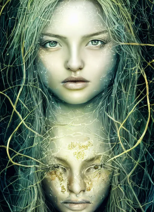 Image similar to glowing silver and golden elements, full close-up portrait, young female face model as a dark witch in front of the full big moon, book cover, green forest, red white black colors, establishing shot, extremly high detail, photo-realistic, cinematic lighting, pen and ink, intricate line drawings, by Yoshitaka Amano, Ruan Jia, Kentaro Miura, Artgerm, post processed, concept art, artstation, matte painting, style by eddie, raphael lacoste, alex ross