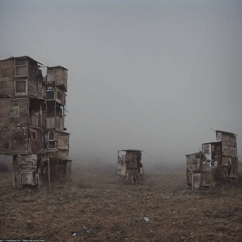 Image similar to two towers, made up of makeshift squatter shacks with faded colours, uneven dense fog, dystopia, mamiya, f 1 1, fully frontal view, photographed by jeanette hagglund