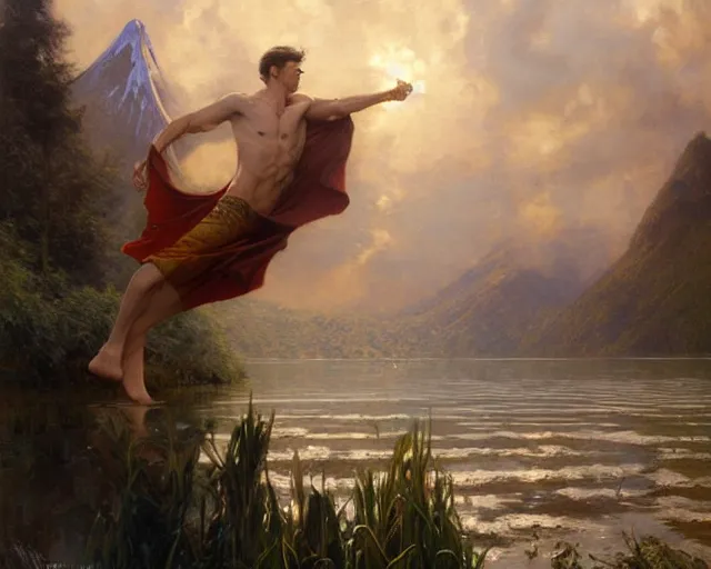 Image similar to attractive male wizard casting powerful giant tsunami spell in a beautiful lake. highly detailed painting by gaston bussiere, craig mullins, j. c. leyendecker 8 k