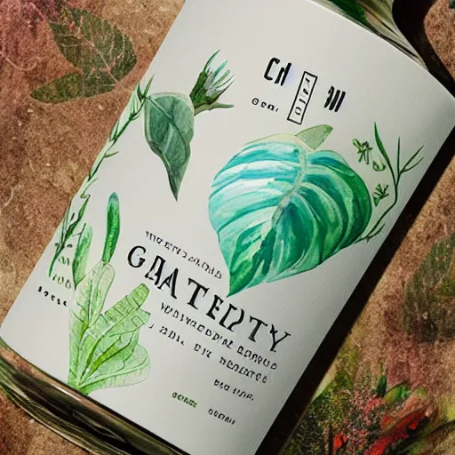 Prompt: water colour botanical designs, illustration, pastel colours, smooth, magical painting, gin packaging design, front label, packaging of the world, behance