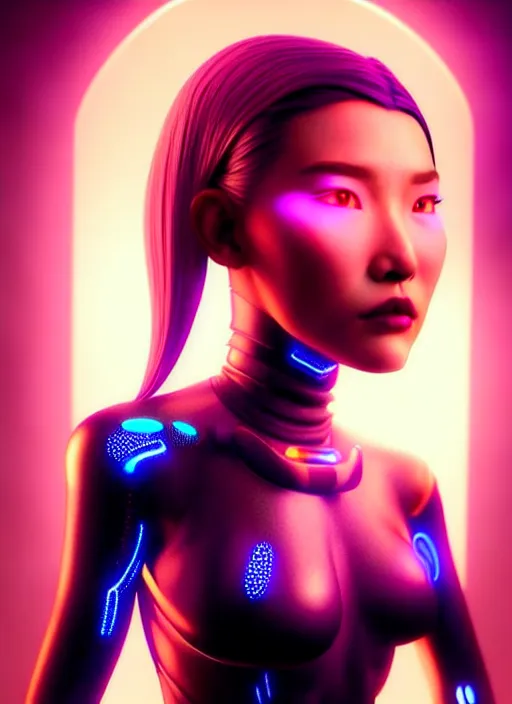 Prompt: sensual asian female humanoid with freckles, by loish, d & d, fantasy, cyber neon lighting, futurism, intricate futuristic jewelry accessories, cyberpunk glossy latex suit, profile posing, hyper photorealistic, digital photography, artstation, pinterest, concept art, art by pascal blanche and greg rutkowski,