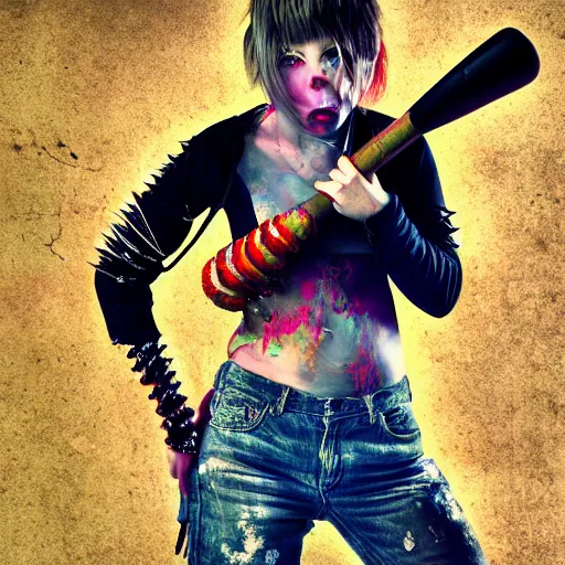 Prompt: punk girl with a spiked baseball bat, hdr, vibrant colors, lifelike, soft light, cinematic post - processing, detailed