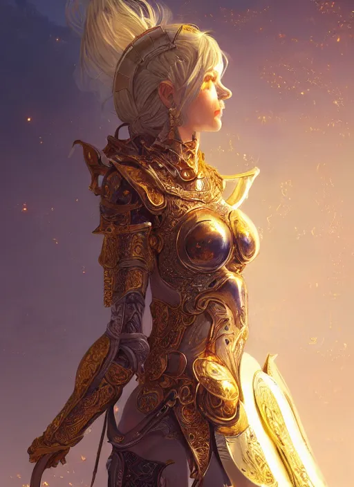 Image similar to portrait knights of zodiac girl, golden and copper shining armor, in ruined agora of athens sunrise, ssci - fi and fantasy, intricate and very very beautiful and elegant, highly detailed, digital painting, artstation, concept art, smooth and sharp focus, illustration, art by ilya kuvshinov and z - - ed and tian zi and wlop