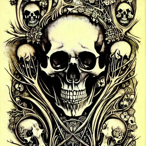 Prompt: melancholy memento mori by arthur rackham, detailed, art nouveau, gothic, ornately carved beautiful antique skull dominant, intricately carved antique bone, skulls, botanicals, art forms of nature by ernst haeckel, horizontal symmetry, arthur rackham, ernst haeckel