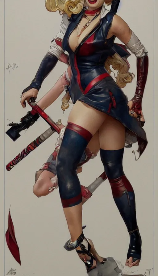 Image similar to margot robbie as harley quinn in a pin - up pose figure by artgerm, greg rutkowski and alphonse mucha, concept art, matte, intricate, full body, epic composition