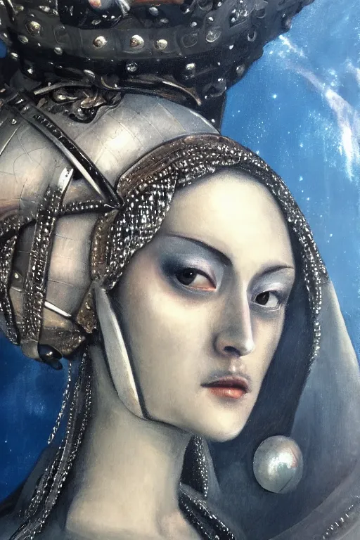 Image similar to hyperrealism oil painting, close - up portrait of medieval fashion model, knight, steel gradient mixed with nebula sky, in style of baroque mixed with 7 0 s japan book art