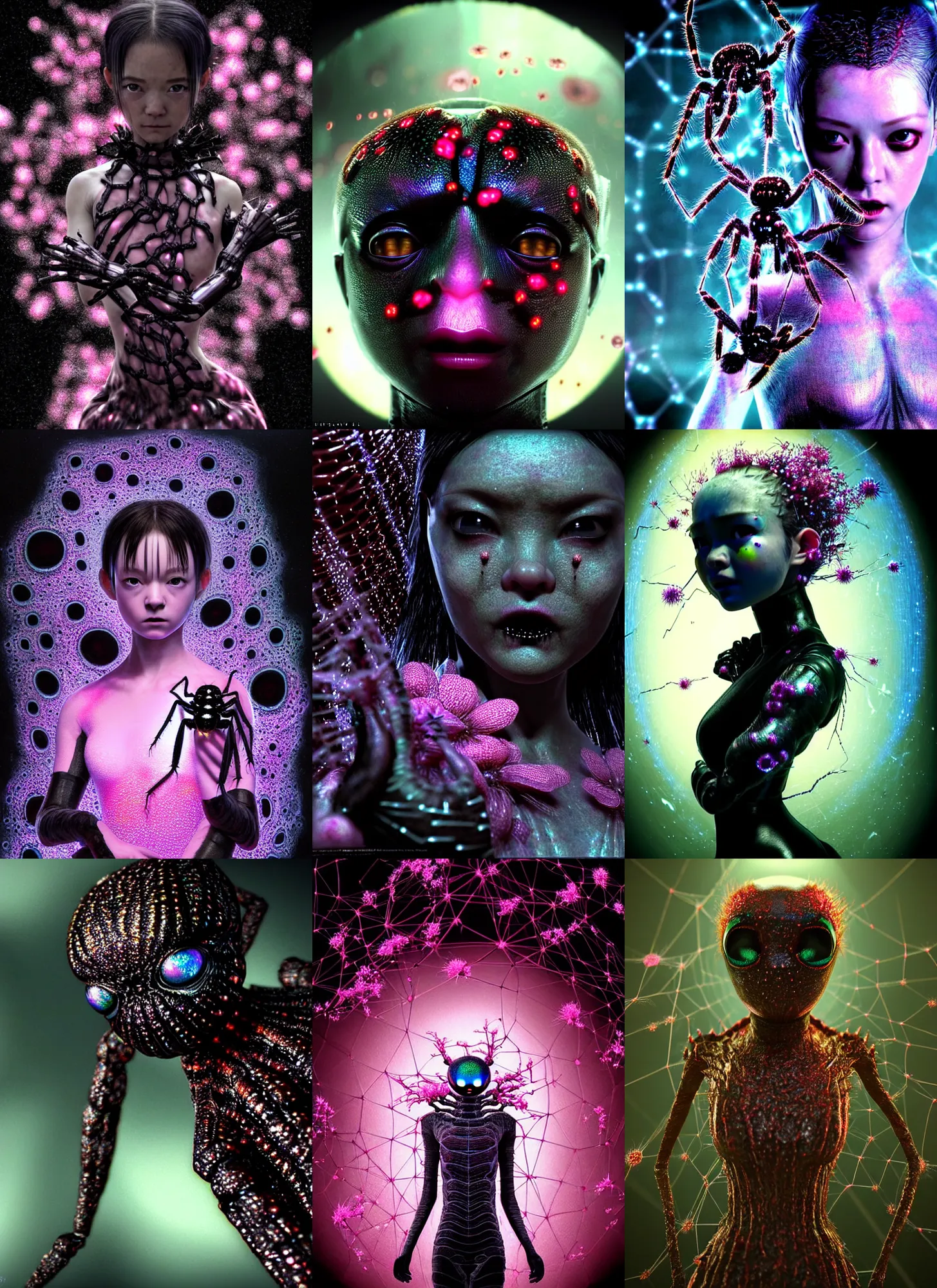 Prompt: hyper detailed 3d render like a dark Oil painting - kawaii screenshot from new matrix movie Aurora (a jumping-spider headed shiny profile lithe borg queen cenobite practical effects) seen Eating of the Strangling network of (charcoal and ben day dots) and milky Fruit wearing spidersilk dress and Her delicate pedipalps hold of gossamer polyp blossoms bring iridescent Cronenberg fungal flowers whose spores black the foolish stars by Jacek Yerka, Ilya Kuvshinov, Glenn Barr, Mariusz Lewandowski, Houdini algorithmic generative render, Abstract brush strokes, Masterpiece, Edward Hopper and James Gilleard, Zdzislaw Beksinski, Mark Ryden, Wolfgang Lettl, hints of Yayoi Kasuma, octane render, 8k