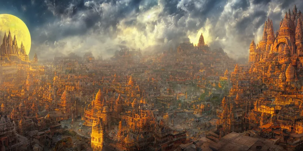 Image similar to fantasy oil painting, mega structure city of varanasi, fantasy, colossal, gate, looming, small buildings, warm lighting, street view, silhouetted figure standing overlooking, space port city, epic, distant mountains, bright clouds, luminous sky, cinematic lighting, michael cheval, david palladini, artstation, oil painting, vray, 8 k hd