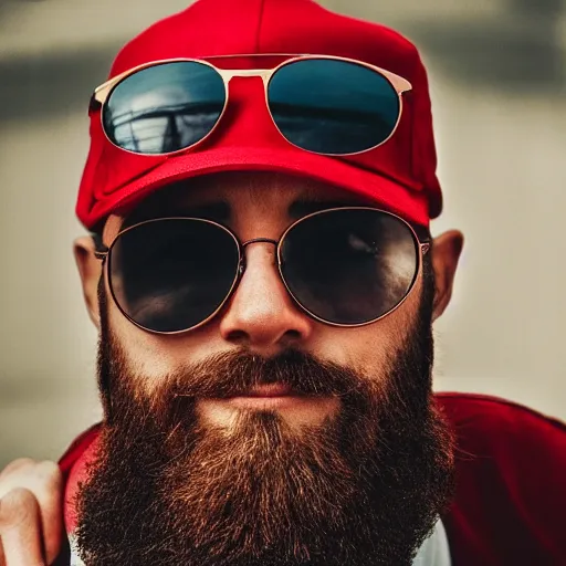 Prompt: a man with sunglasses is wearing a red cap, stubbly beard, portrait, chain, detailed face, high detail, high definiton, ultra realistic, 4 k uhd,