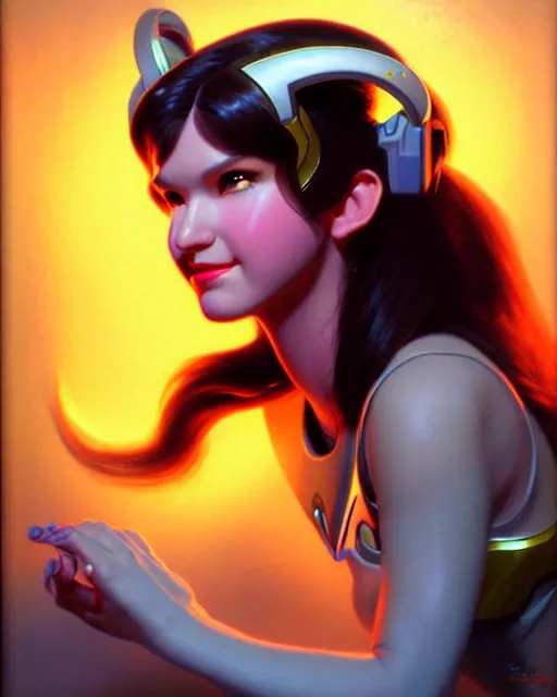 Image similar to d. va from overwatch, character portrait, portrait, close up, vintage fantasy art, vintage sci - fi art, radiant light, caustics, by boris vallejo