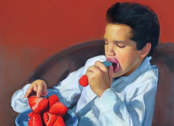 Image similar to a highly detailed beautiful portrait of elvis presley eating strawberry, by gregory manchess, james gurney, james jean