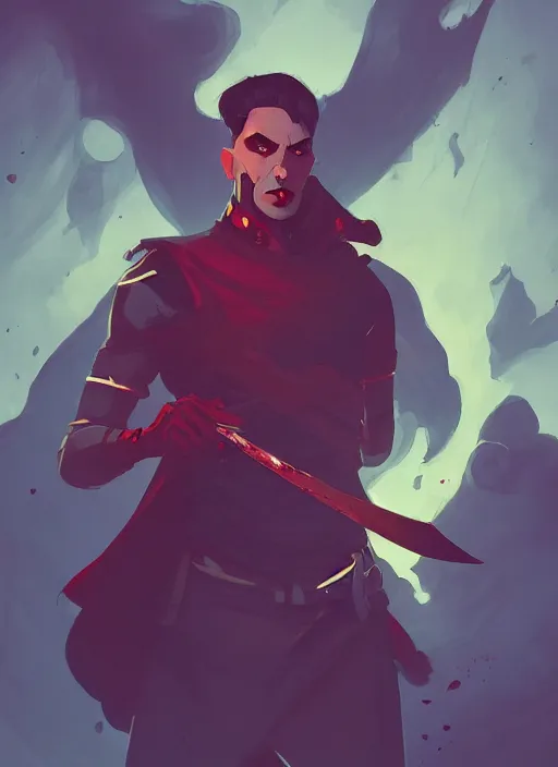 Prompt: a male assasin with a bloody dagger, in the style of artgerm, gerald brom, atey ghailan and mike mignola, vibrant colors and hard shadows and strong rim light, plain background, comic cover art, trending on artstation