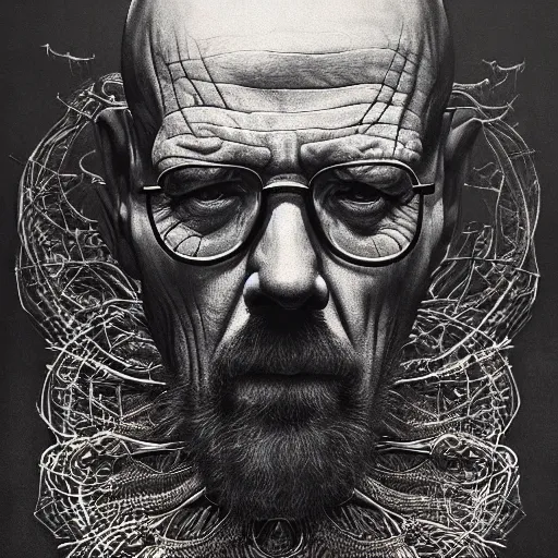 Image similar to ultra realist intricate detailed scorn portrait of heisenberg, insanity accurate features, apocalyptic, very intricate details, 8 k resolution, dim lighting, artstyle zdzisław beksinski and keith thompson, by giger style, award winning