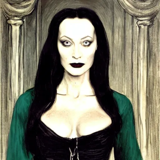 Prompt: portrait still of morticia addams, art style by millais,