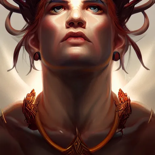 Image similar to Dramatic portraiture of Uuen, the Pictish god of stags, mixed media, trending on ArtStation, by Viktor Vasetnov and ArtGerm, luminism