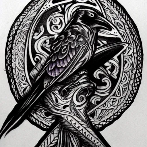 Image similar to raven mystic occult, symbolism mythos, highly detailed line tattoo, real tattoo, realistic realism, design concepts