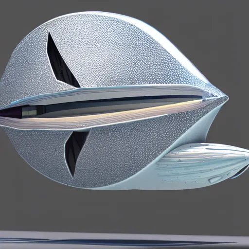 Image similar to Tuna shaped spaceship, elegant, futuristic, fish, 3d render