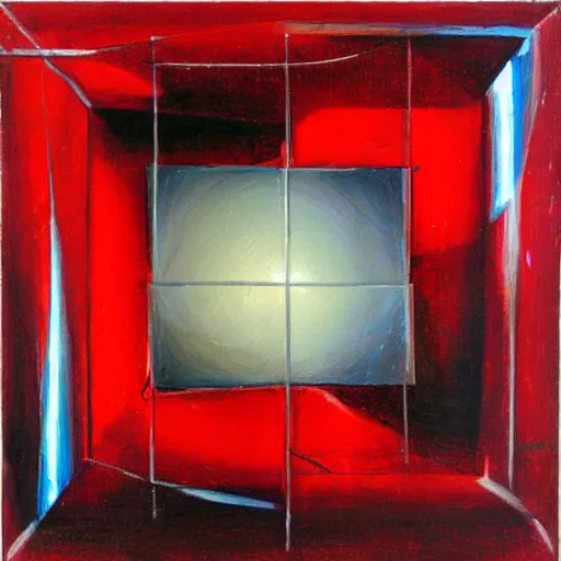 Prompt: chrome spheres on a red cube, conte