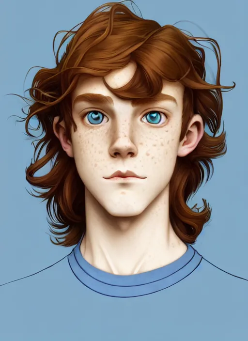 Image similar to art nouveau portrait of a teen boy with completely straight auburn hair, light blue eyes, pale skin, freckles, sad expression, t - shirt, modern casual clothing, natural lighting, path traced, highly detailed, high quality, cartoon, digital painting, by don bluth and ross tran and studio ghibli and alphonse mucha