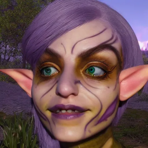 Image similar to a frightening, beautiful elf with violet skin, a scarred face, a bob haircut, and bushy eyebrows, grinning, with a burning vista behind them, in the style of gary frank and rafael albuqurque, rendered in unreal engine