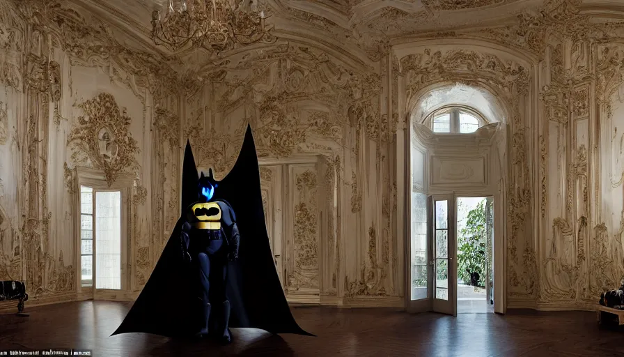 Image similar to Batman standing in giant Italian modern castle living room, clean minimalist design, that is 1300 feet tall, with very tall giant walls filled with modern art paintings, doors that are cosmic portals, photo by Annie Leibovitz