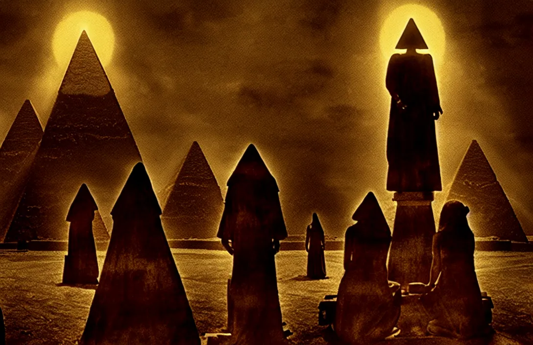 Image similar to excommunication the pyramid of figures is drawn together biblically accurate intact flawless ambrotype from 4 k criterion collection remastered cinematography gory horror film, ominous lighting, evil theme wow photo realistic postprocessing meditational visions directed by kurosawa