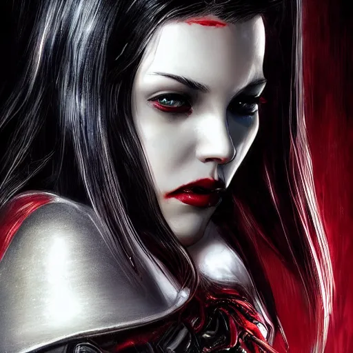 Image similar to beautiful close up portrait vampire, black and red coloured, armor with exposed internals, elegant, detailed. epic cinematic hyperrealism masterpiece. realistic poster with shaded lighting by craig mallismo, artgerm, jeremy lipkin and michael garmash, unreal engine, radiant light, detailed and complex environment, digital art, art station trends, detailed faces, detailed eyes