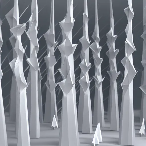 Image similar to origami forest in white paper, 3 d render, ultra - detailed, on white background, studio shot