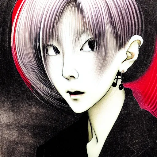 Prompt: ! dream yoshitaka amano blurred and dreamy realistic three quarter angle horror portrait of a sinister young woman with short white hair, big earrings and fully black eyes wearing office suit with tie, black and white junji ito abstract patterns in the background, satoshi kon anime, noisy film grain effect, highly detailed, renaissance oil painting, weird portrait angle, blurred lost edges