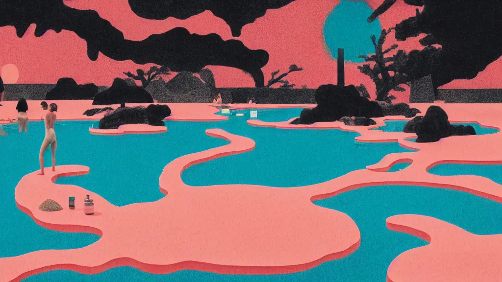 Image similar to japan natural hot spring, a collage painting, in the style of wes anderson, lola dupre, david hockney, isolated on negative white space background dark monochrome neon spraypaint accents volumetric octane render