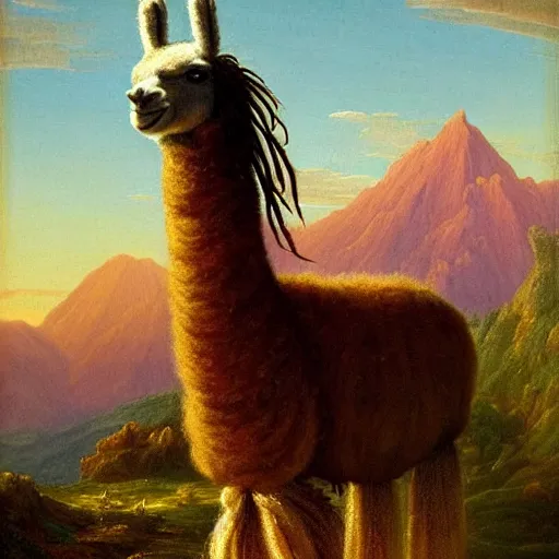 Image similar to llama with dreadlocks, heroic pose, by Thomas Cole