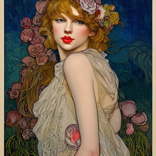 Prompt: romantic painted portrait of taylor swift by james jean, mucha