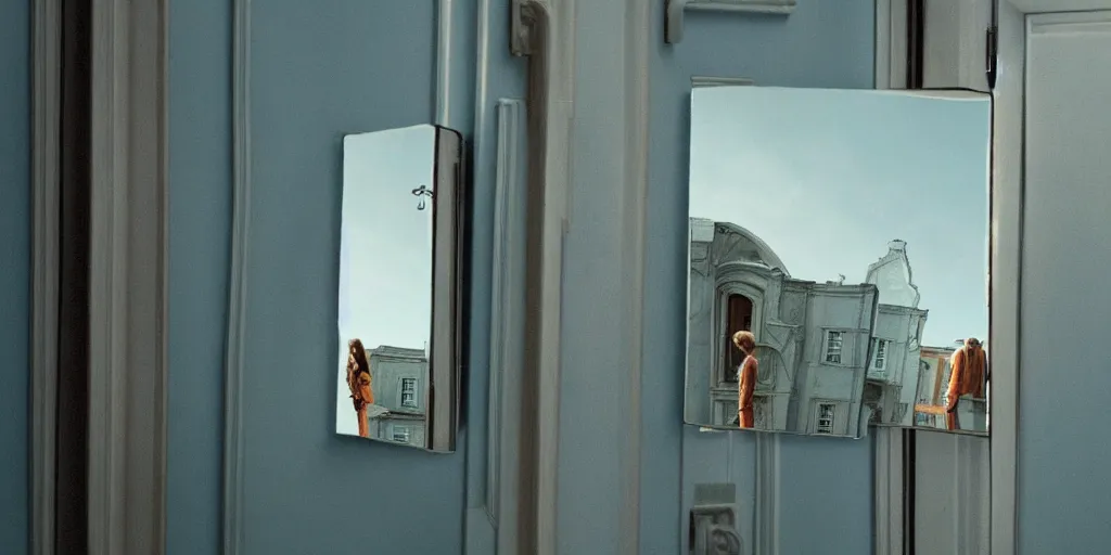 Prompt: a very high resolution image from a new movie, upside - down building, mirror, door, beautiful scenery, photorealistic, photography, directed by wes anderson