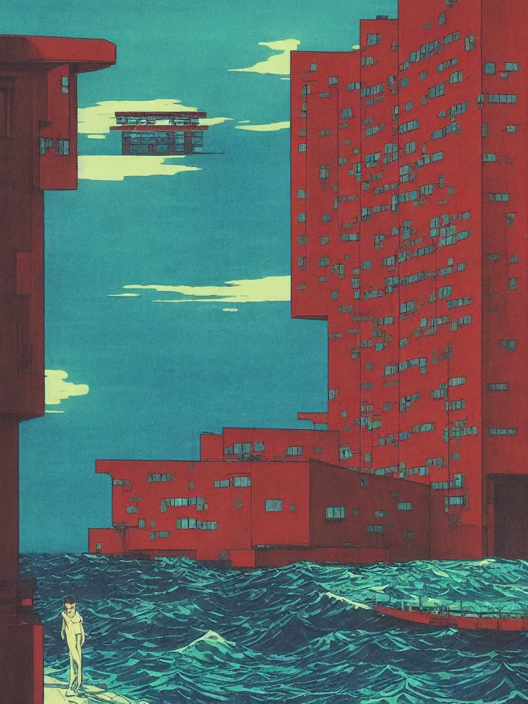 Prompt: a psychedelic hallucination of a brutalist hotel in the stormy ocean, by kawase hasui, moebius, edward hopper, colorful flat surreal design, dramatic lighting, hd, 8 k, artstation