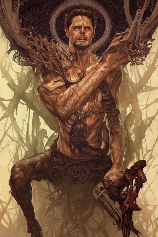 Image similar to portrait of the nostalgia critic as a herculian demon man, forest, full body, powerful, fantasy, intricate, elegant, highly detailed, digital painting, artstation, concept art, sharp focus, illustration, art by artgerm and greg rutkowski and alphonse mucha