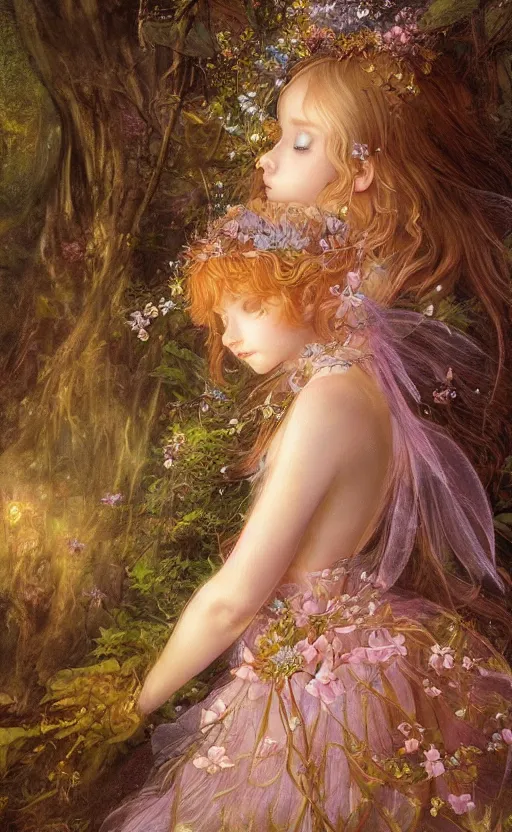 Prompt: breathtaking detailed soft painting of a little fairy princess in a luxurious twilight forest by Ayami kojima, golden rose dress of stained glass floating around, detailed realistyc symmetrical facial features, 8k, concept art, matte, sharp focus, rembrandt style
