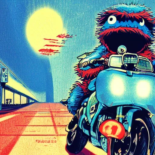 Image similar to illustration of cookie monster riding kaneda's motorcycle from akira by ilya kuvshinov katsuhiro otomo