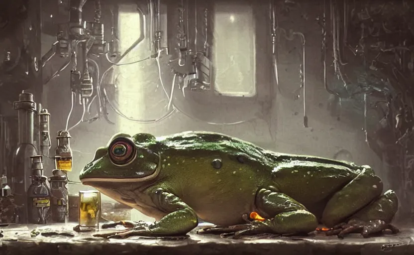 Prompt: highly detailed portrait of an evil cyberpunk frog making a poisonous drink in his alchemist laboratory, fantasy art by greg rutkowski