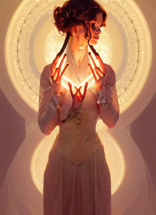 Image similar to symmetry!! portrait of a woman, cottagecore!!, glowing lights!! intricate, elegant, highly detailed, digital painting, artstation, concept art, smooth, sharp focus, illustration, art by artgerm and greg rutkowski and alphonse mucha