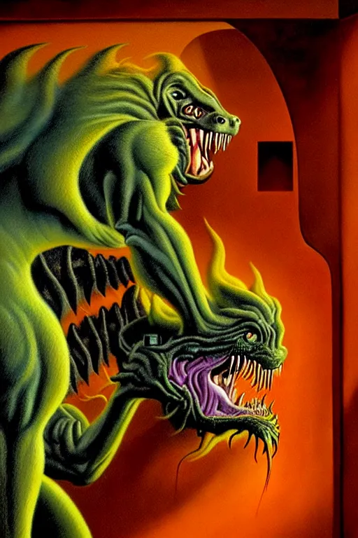 Image similar to a hyperrealistic painting of a chimera creature breaking out of a containment chamber in a secret science laboratory facility, by chris cunningham and richard corben, highly detailed, vivid color,