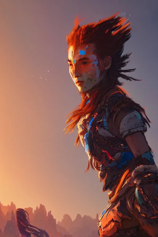 Image similar to combination suit armor aloy horizon forbidden west horizon zero dawn radiating a glowing aura global illumination ray tracing hdr fanart arstation by ian pesty and alena aenami artworks in 4 k tribal robot ninja mask helmet backpack