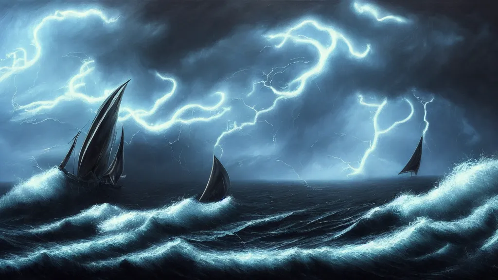 Prompt: a fantasy book landscape with massive giant squid black tentacles surrounding a small boat in a stormy sea, giant waves, lightning in the background, soft beautiful light, oil painting, 4 k