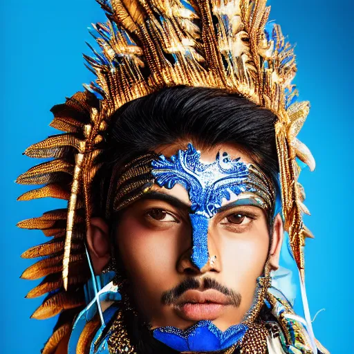 Prompt: a portrait of a beautiful young indian male wearing an alexander mcqueen armor made of blue fire , photographed by andrew thomas huang, artistic