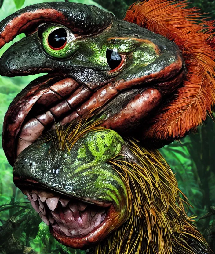 Prompt: a high resolution realistic displacement portrait of an ork in a rainforest, muscles normal map creature made of doglike class aves skin veins merged frog, bump map strangled by plastic wrap bower bird creature wrinkles pheasant, ivy complex feathers exotic morphing hoopoe, zebra morphing wings king vulture head