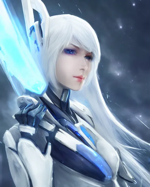 Image similar to perfect white haired girl, warframe armor, beautiful, dreamy, half asian, pretty face, blue eyes, detailed, scifi platform, laboratory, experiment, 4 k, ultra realistic, epic lighting, cinematic, high detail, masterpiece, akihito tsukushi