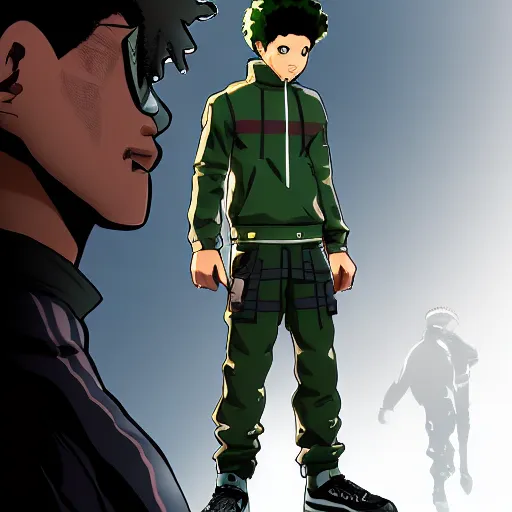 Image similar to huey freeman from boondocks in an acronym techwear outfit, anime, character design, in the style of akihiko yoshida, high definition, fullbody, artstation, 4 k