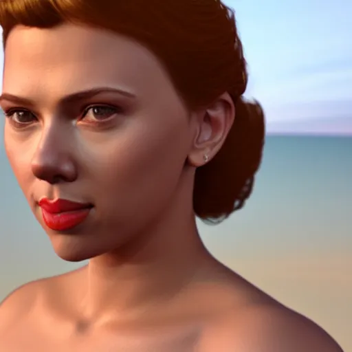 Image similar to 3d Render of a scarlett johansson full round face, short smile, cute sundress, golden hour, serene beach setting, medium shot, mid-shot, highly detailed, trending on Artstation, Unreal Engine 4k